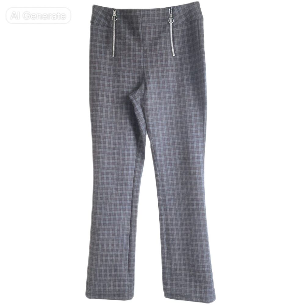 Slimming Options Plaid Straight Leg Dress Pants Gray Burgundy High Rise